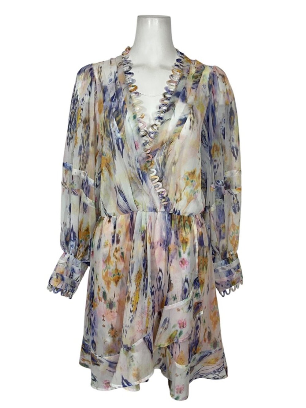 Avantlook Ruffle Chiffon Dress L Multicolor Long Sleeve Sheer - Picture 2 of 15